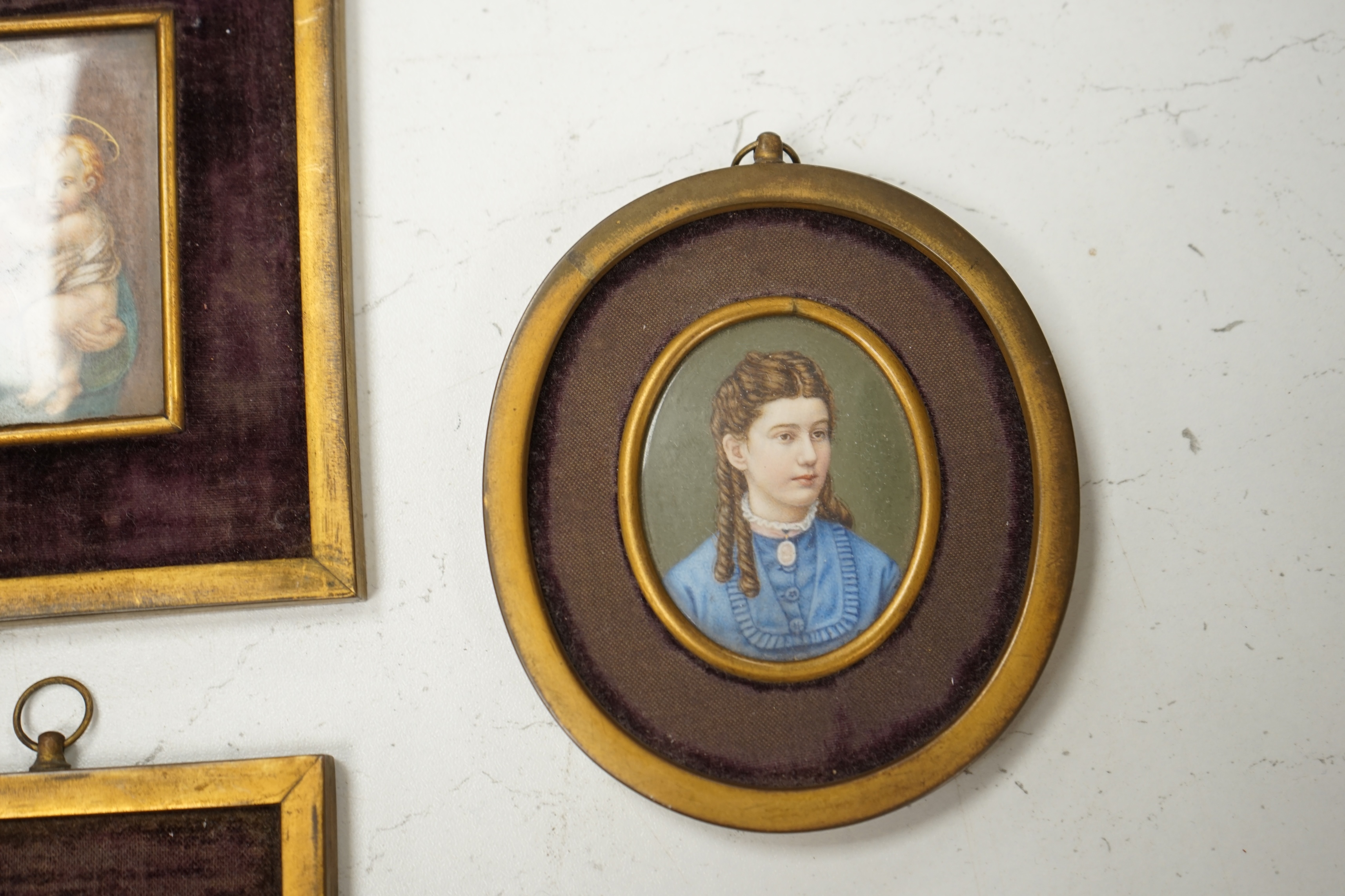D. Alfonso M. Focacci (19th century Florentine school), three oils on ivory, each with ink inscriptions verso together with a Palais Royale gilt metal picture frame, largest 7 x 5.5cm. , CITES Submission References RX3LB